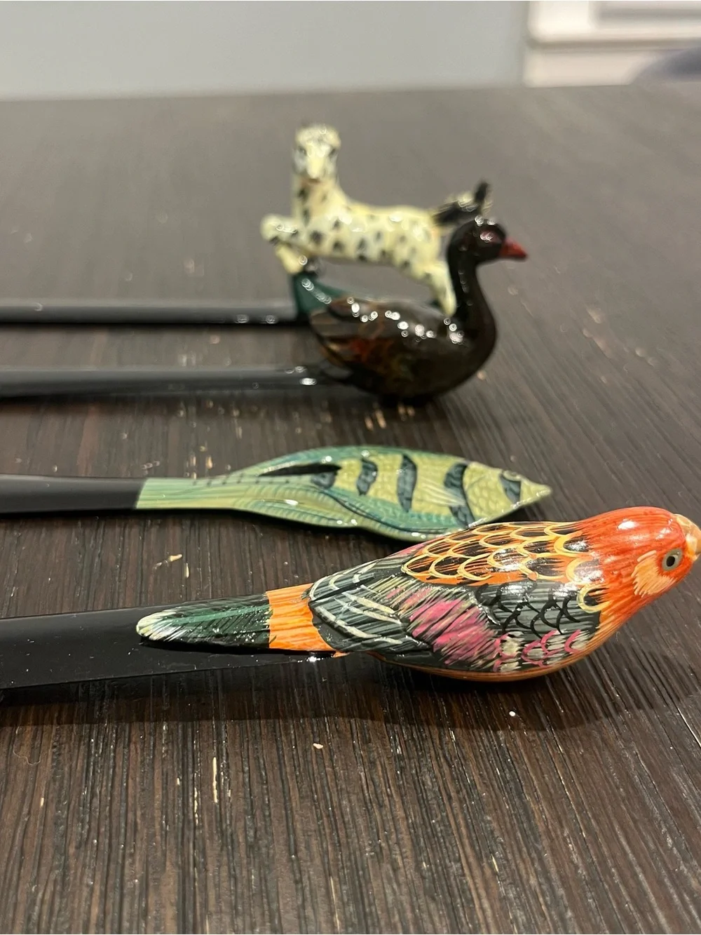Vintage Hand Carved Set Of Wooden Duck Zebra Fish Bird Letter Openers